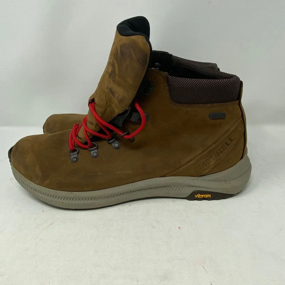 Merrell Ontario Mid Waterproof Hiking Boots Brown Leather Red Lace J84903 Men 13